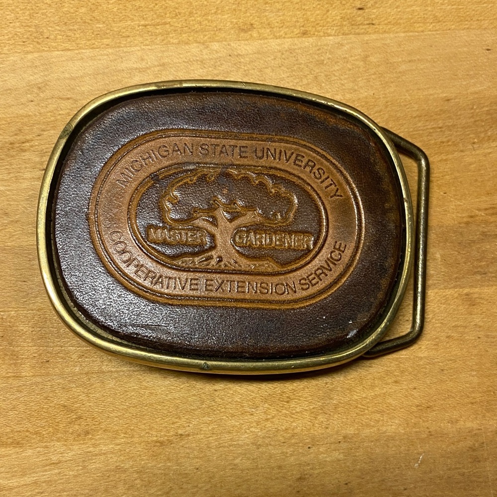 Vintage leather and brass Michigan State University Master Gardener belt buckle